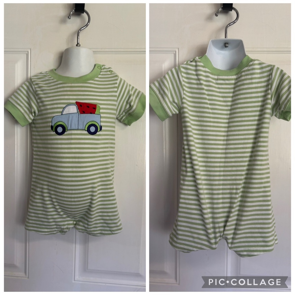 12m Ishtex Green/White Striped Watermelon Truck short Sleeve short Romper.